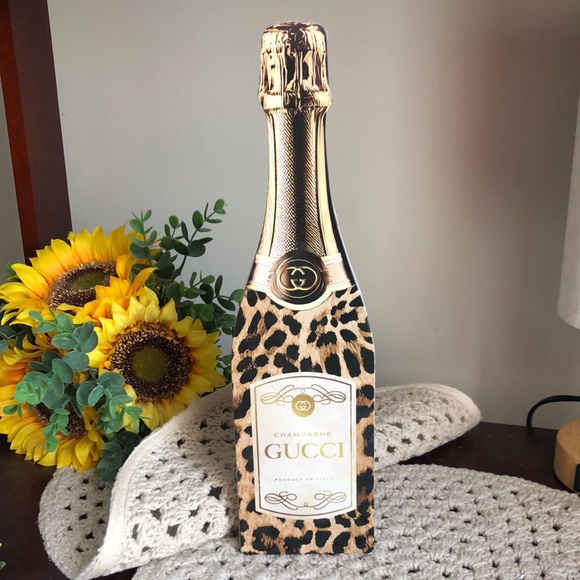 boutique Other - Gucci Gold and Black Leopard Champagne Bottle Wooden Home Decor